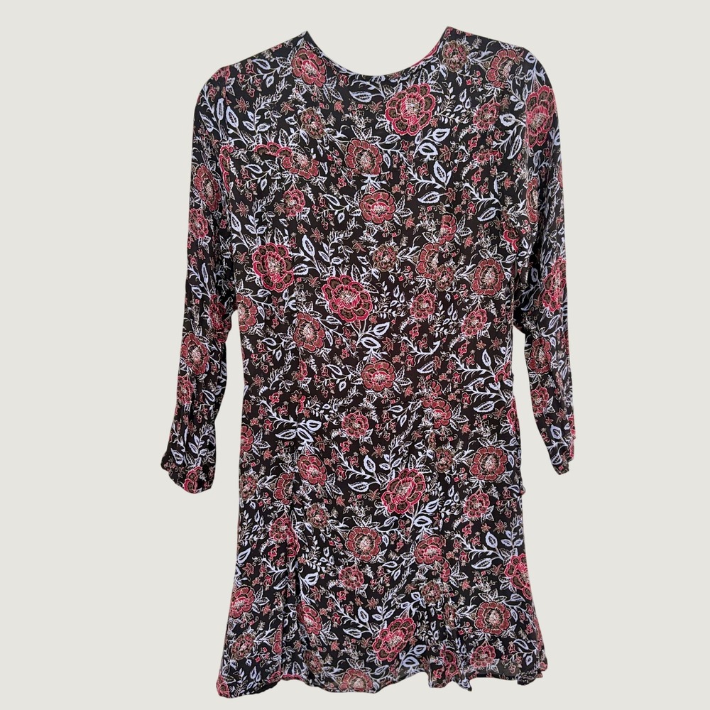 Veronica Beard Silk Floral Mini Dress Long Sleeve Red Black Size 2 Drop Waist